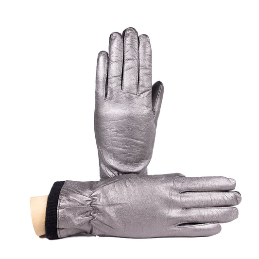 Ladies' metallic leather gloves with wool lining, showcasing a sleek design and luxurious shine, perfect for elegant style.