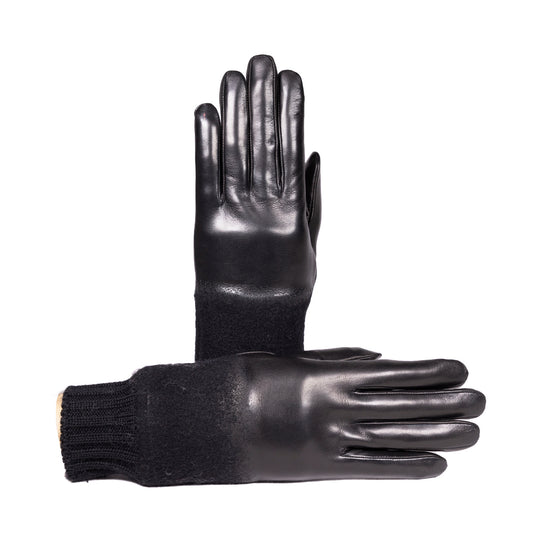 Black nappa leather gloves with wool cuffs, showcasing a blend of elegance and comfort in Italian craftsmanship.