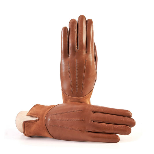 Women's camel nappa leather gloves with suede panel insert on top cashmere lined