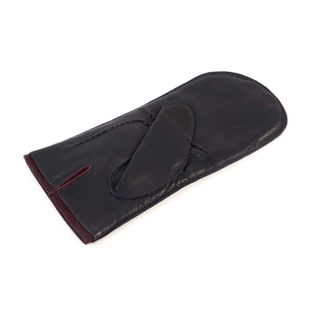 Men's blue deerskin mitten gloves with suede piping and cashmere lining