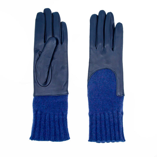 Women's metal free blue nappa leather gloves with a medium-length natural cashmere sleeve