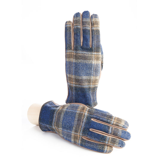 Men's leather gloves in color alpaca with blu check fabric top of Holland & Sherry with top opening detail and cashmere lining