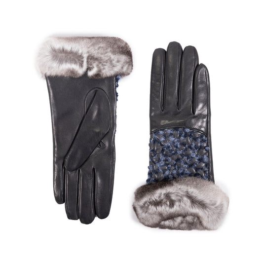 Ladies' black nappa leather gloves featuring a textured blue wool body and luxurious rabbit fur cuffs for elegant winter style.