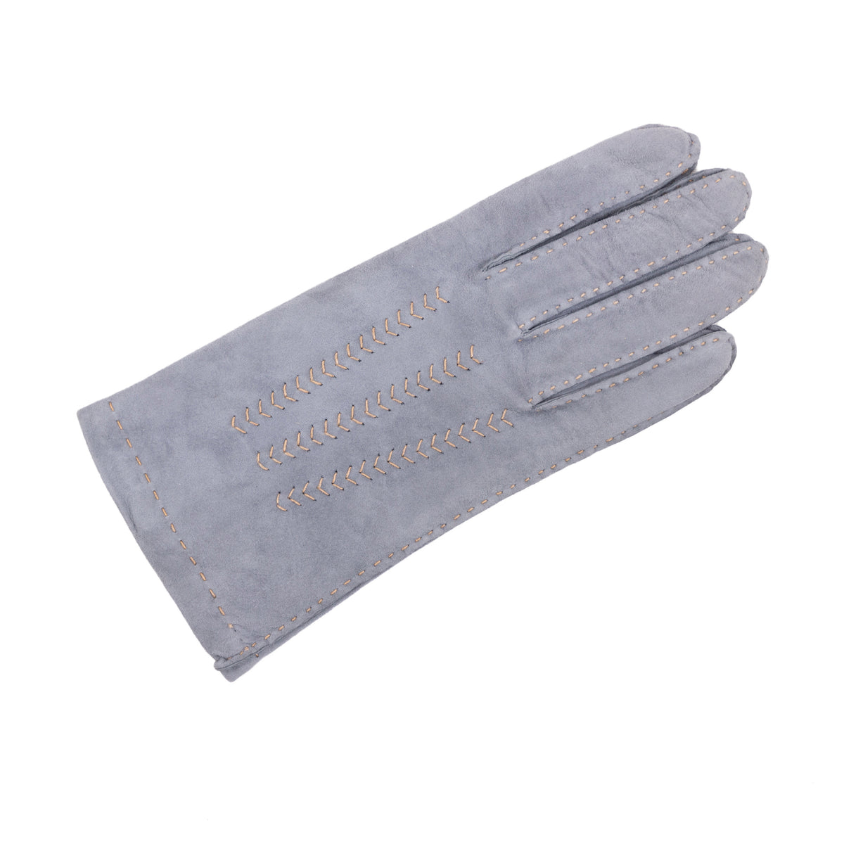 Light gray suede leather glove with intricate hand-sewn detailing and a soft cashmere lining, showcasing Italian craftsmanship.
