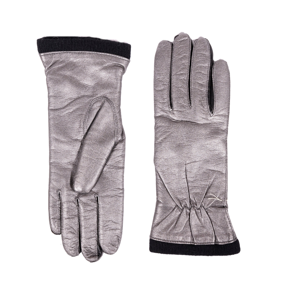 Ladies' metallic leather gloves with wool lining, featuring a sleek design and elegant black trim for a luxurious touch.