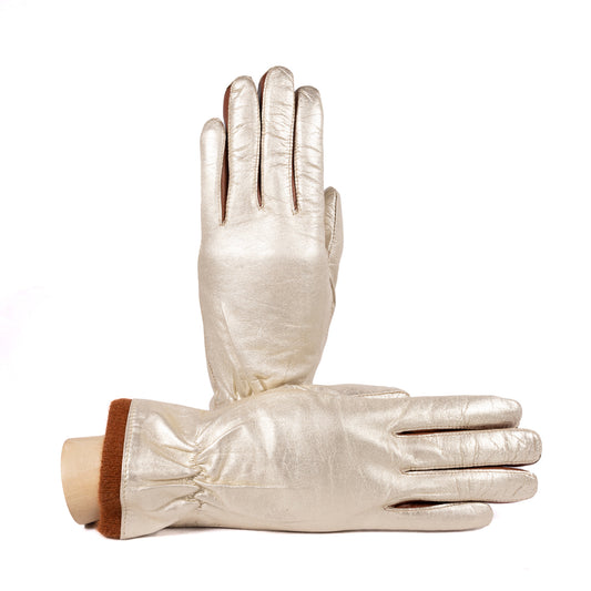 Ladies' metallic leather gloves with wool lining, showcasing a luxurious shine and elegant design for a sophisticated touch.