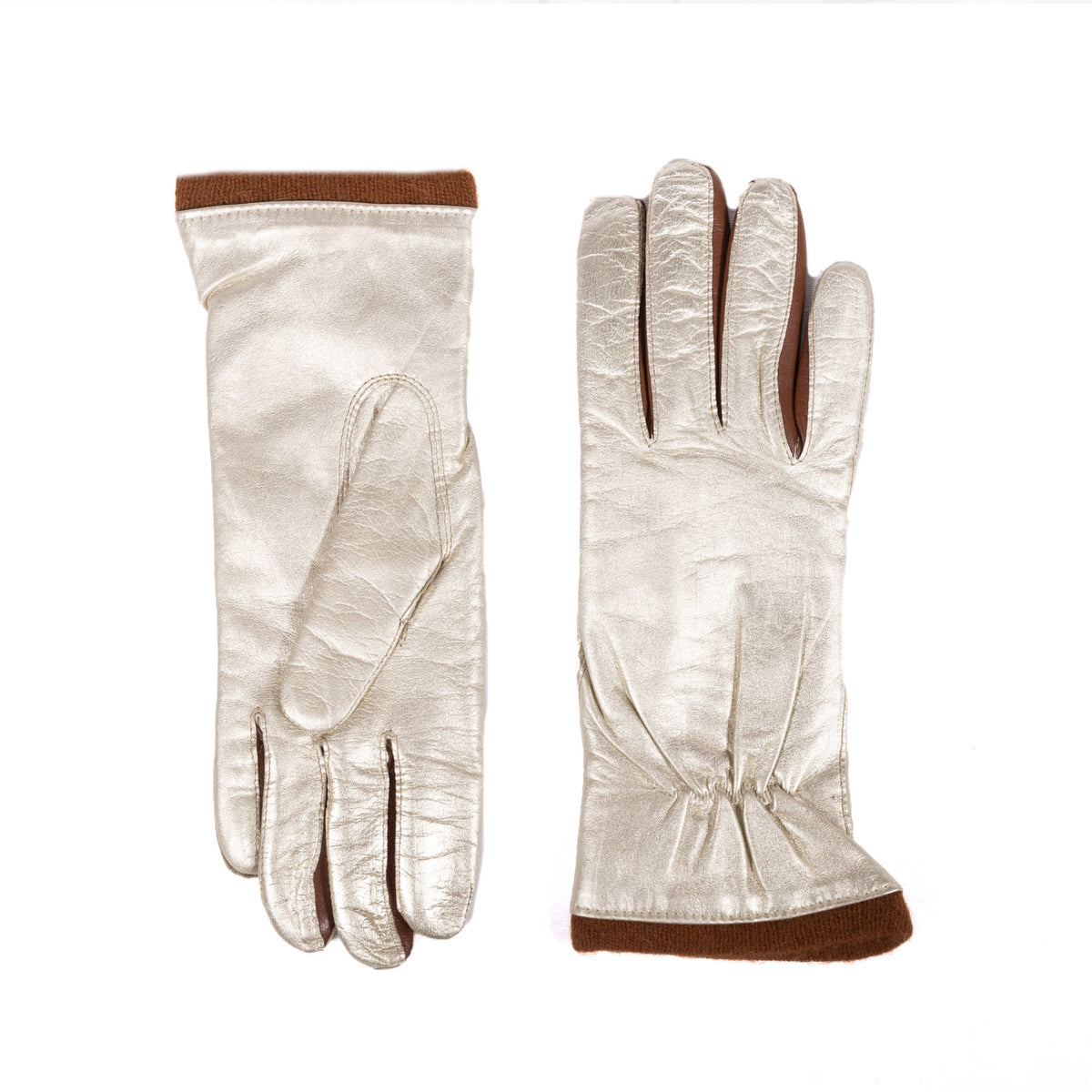 Ladies' metallic leather gloves featuring a soft wool lining and elegant design, showcasing Italian craftsmanship.