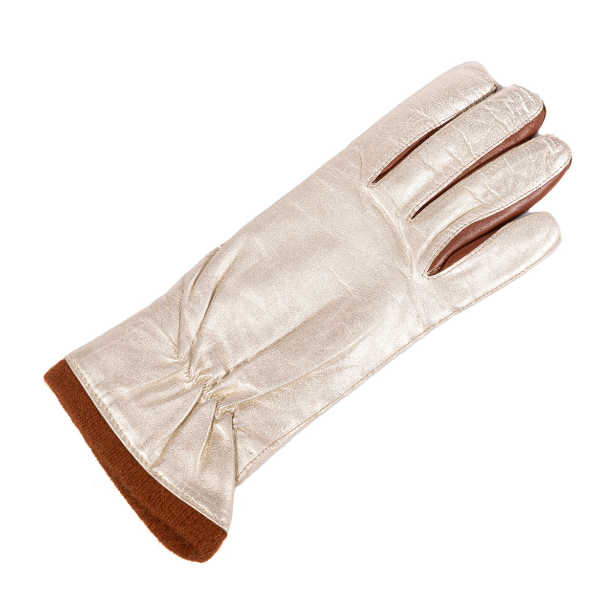 Ladies' metallic leather glove featuring a soft wool lining and elegant ruching at the wrist for a refined touch.