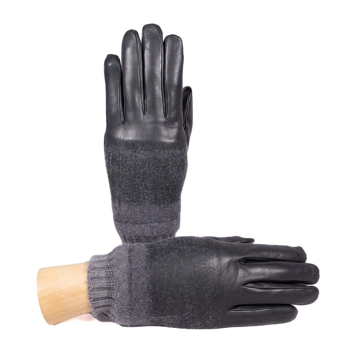 Ladies' black nappa leather and wool gloves showcasing a sleek design, blending warmth with Italian craftsmanship.