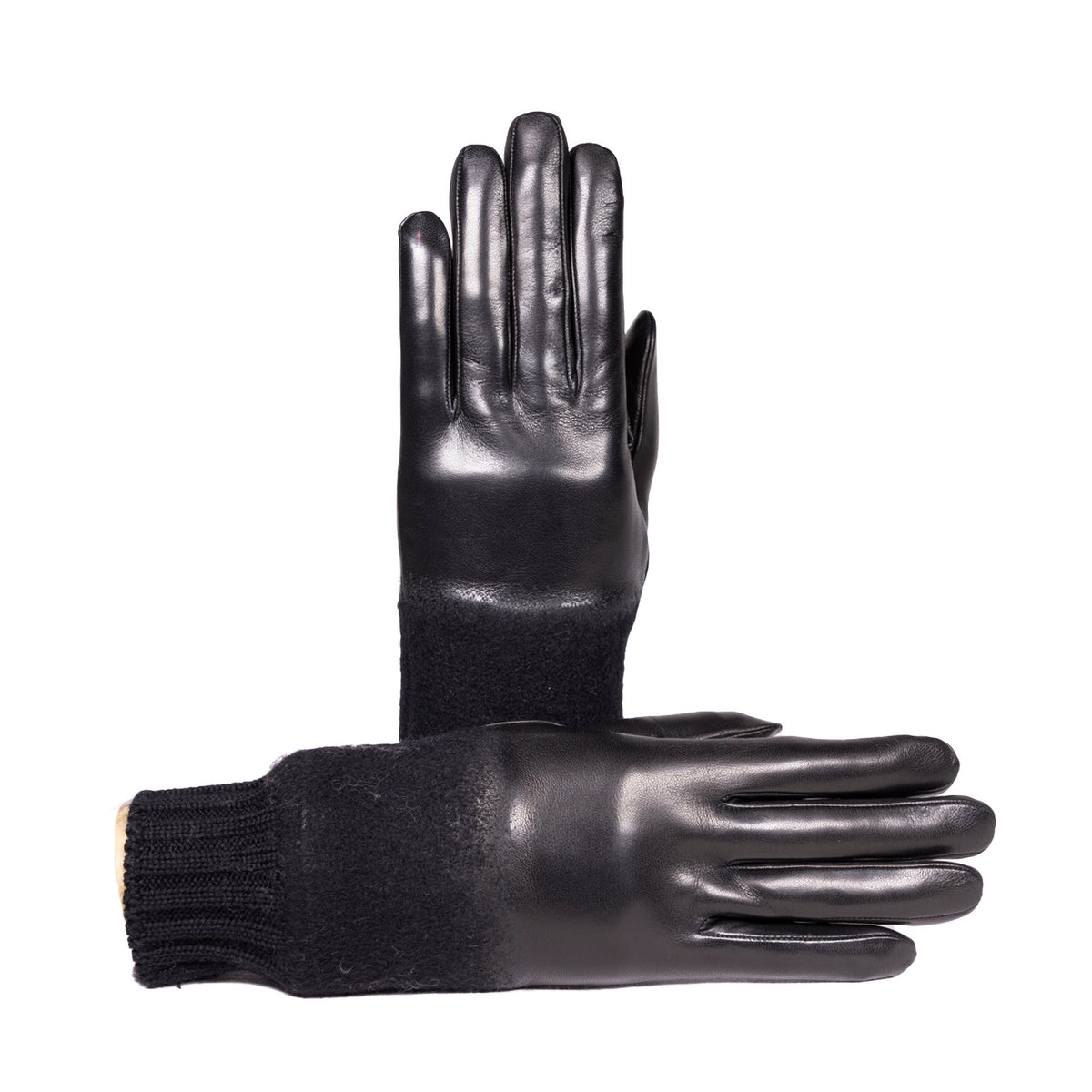 Black nappa leather gloves with wool cuffs, showcasing a blend of elegance and comfort in Italian craftsmanship.