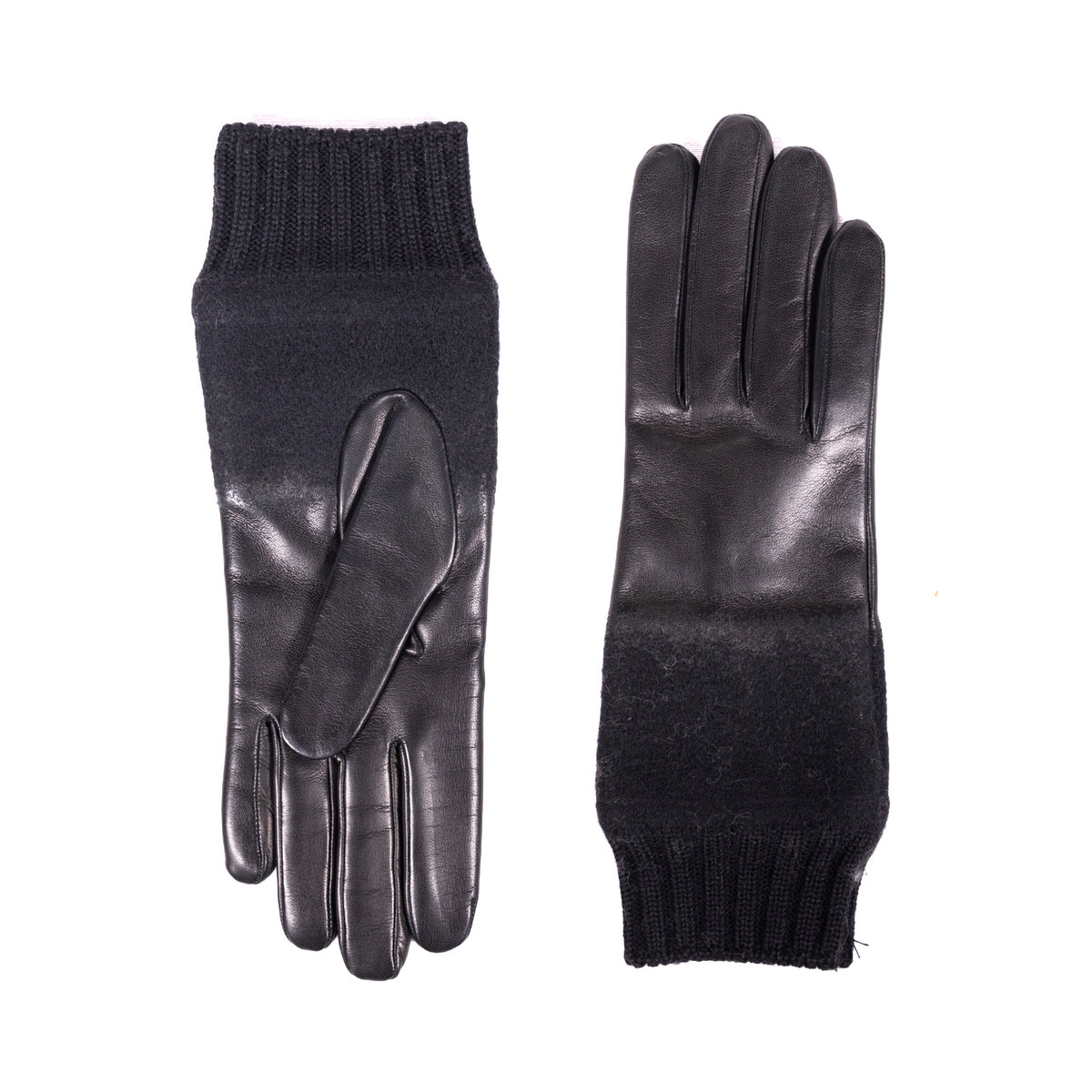 Elegant black nappa leather gloves featuring a cozy wool blend cuff for warmth and style, embodying Italian craftsmanship.