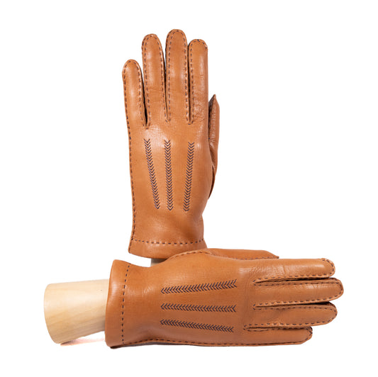 Classic cognac deerskin leather gloves, hand-sewn with intricate stitching, showcasing elegant Italian craftsmanship.