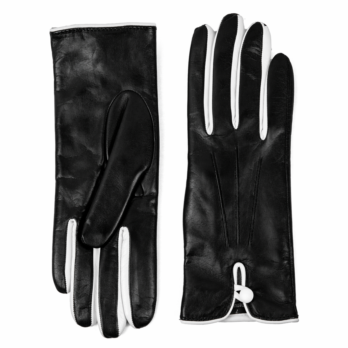 Women's black nappa leather gloves with white detailing and silk lining, showcasing elegant Italian craftsmanship and design.