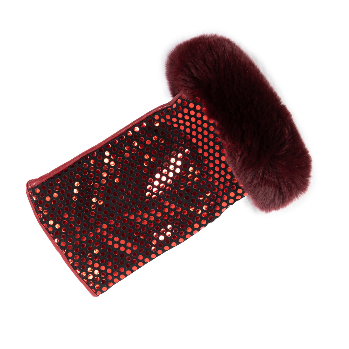 Ladies' fingerless gloves in red leather with a shimmering dotted pattern, featuring a luxurious fur cuff for added elegance.