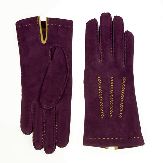 Womens classic purple suede leather gloves, hand-sewn with elegant detailing and a soft cashmere lining for luxury comfort.