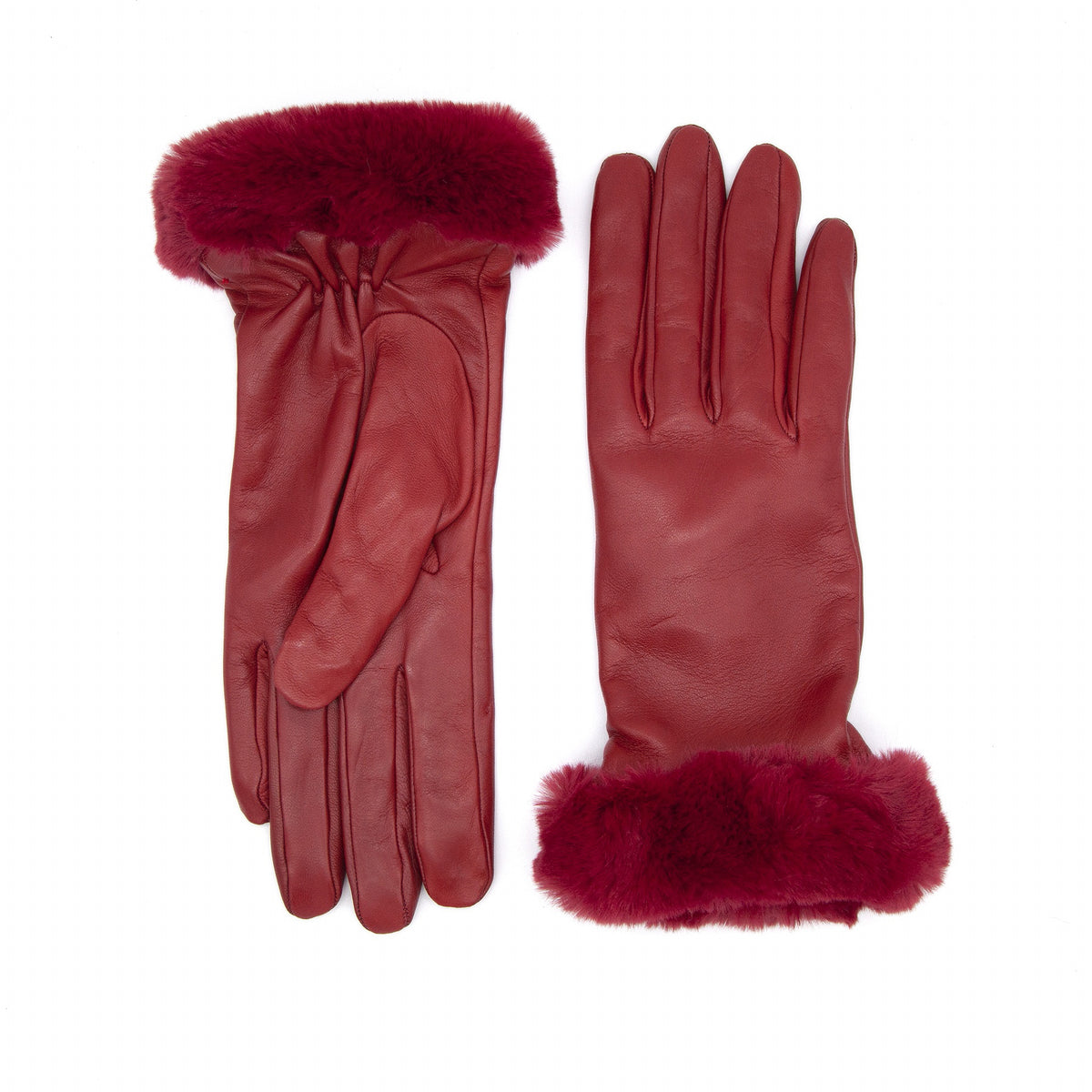 Women's red nappa leather gloves featuring a plush faux fur cuff for an elegant touch and luxurious warmth.