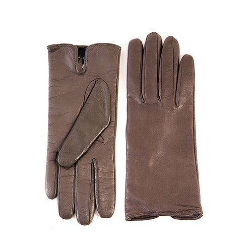 Soft brown nappa leather gloves with a palm opening and cashmere lining, showcasing elegant Italian craftsmanship.