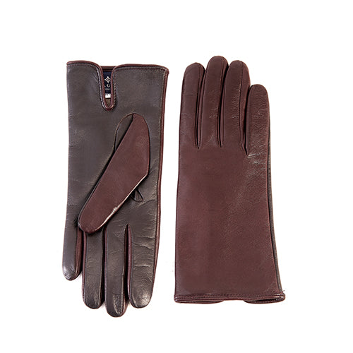 Soft nappa leather gloves in rich brown, featuring a palm opening and luxurious cashmere lining for ultimate comfort and style.