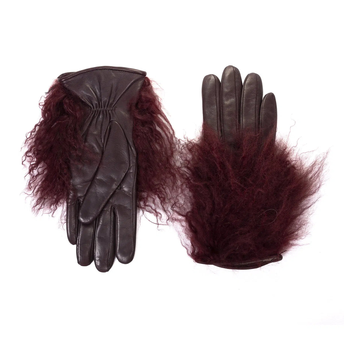 Womens dark brown nappa leather gloves featuring plush Mongolian fur for added warmth and elegance.