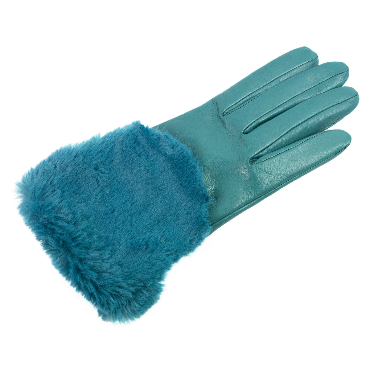 Women's teal nappa leather gloves with a real fur panel on the top and cashmere lined