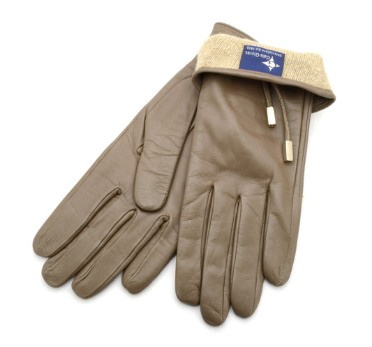 Women's taupe nappa leather gloves featuring a stylish leather bow and a cozy knit cuff for added elegance and warmth.