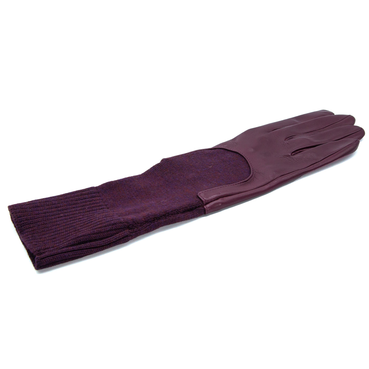 Women's unlined burgundy sheepskin gloves with medium-lenght wool sleeve