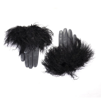 Womens black nappa leather gloves adorned with plush Mongolian fur, showcasing luxurious Italian craftsmanship and elegant design.