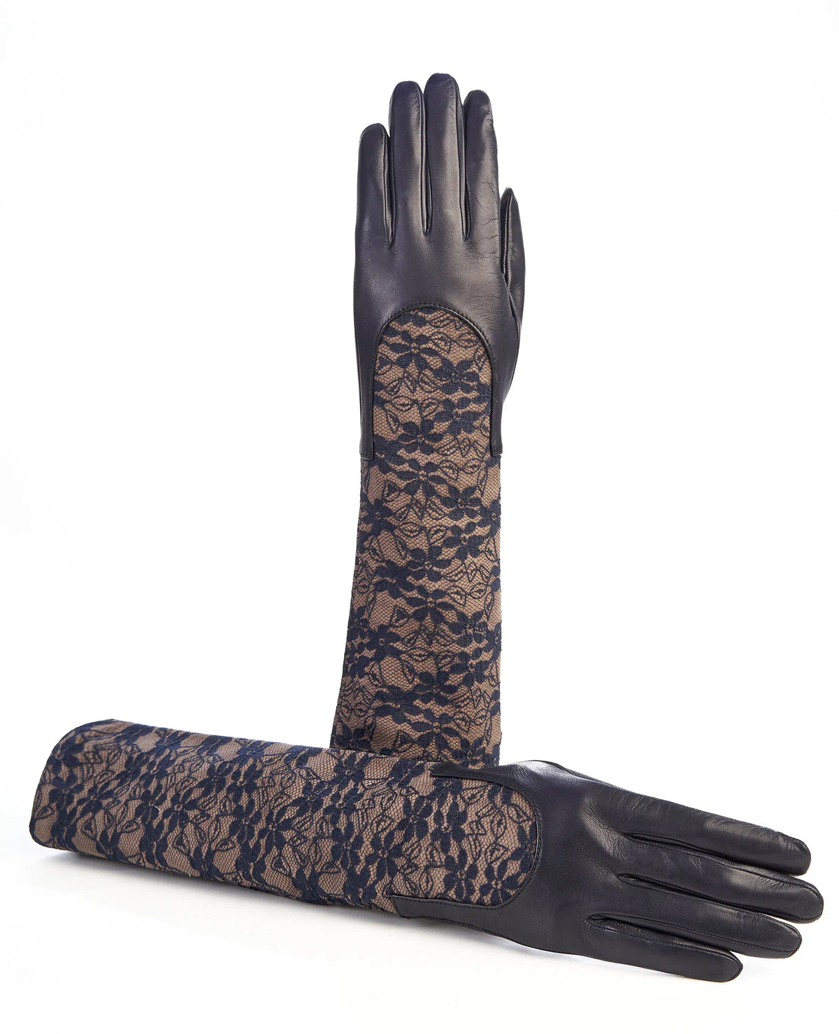 Ladies navy leather gloves with elbow lenght lace sleeve