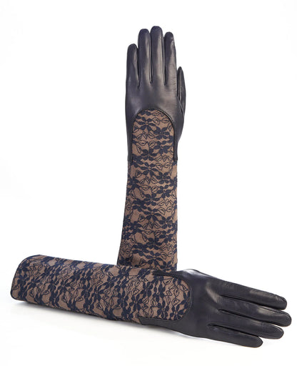 Ladies navy leather gloves with elbow lenght lace sleeve