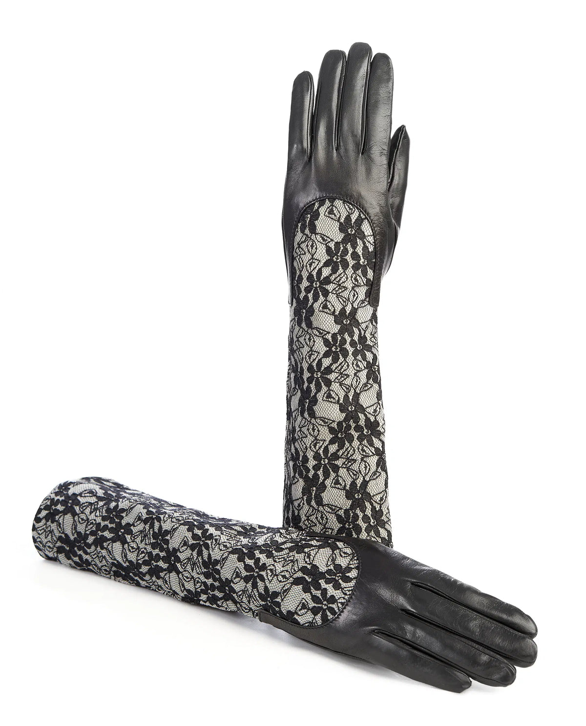 Ladies black leather gloves with elbow lenght grey lace sleeve