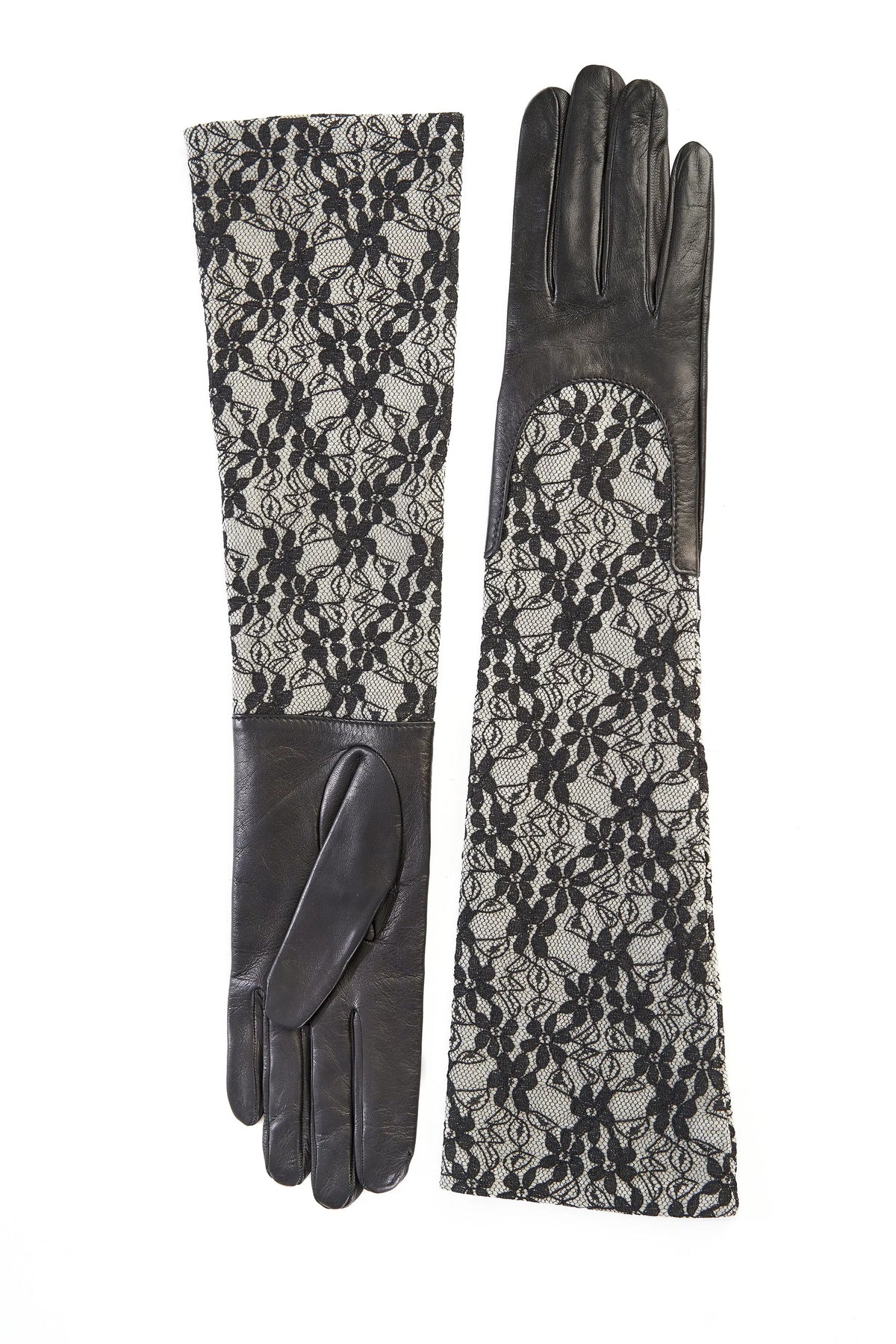 Ladies black leather gloves with elbow lenght grey lace sleeve