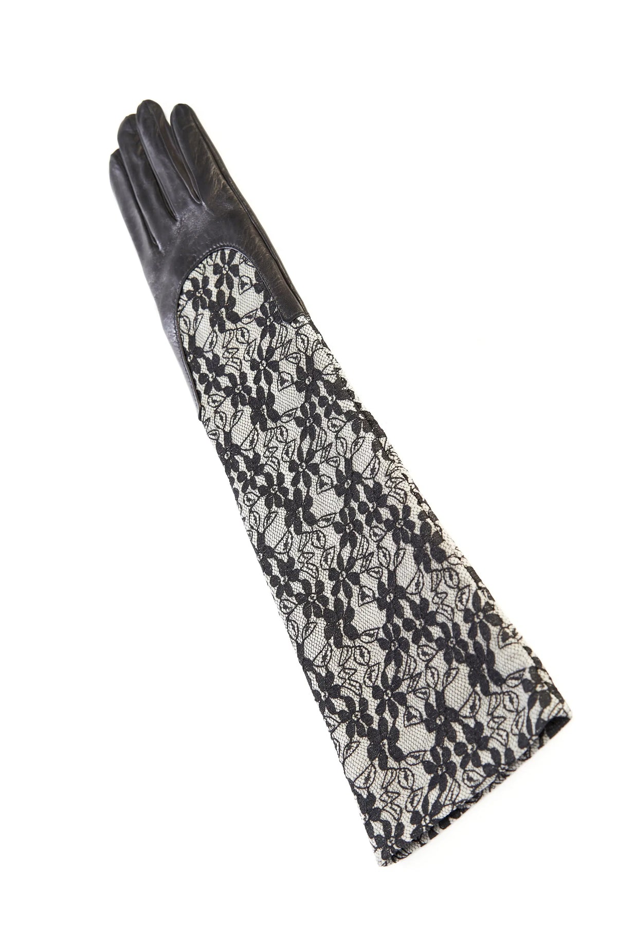 Ladies black leather gloves with elbow lenght grey lace sleeve