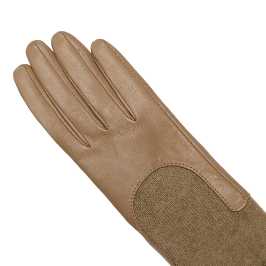 Women's taupe metal free nappa leather gloves with a medium-length natural cashmere sleeve