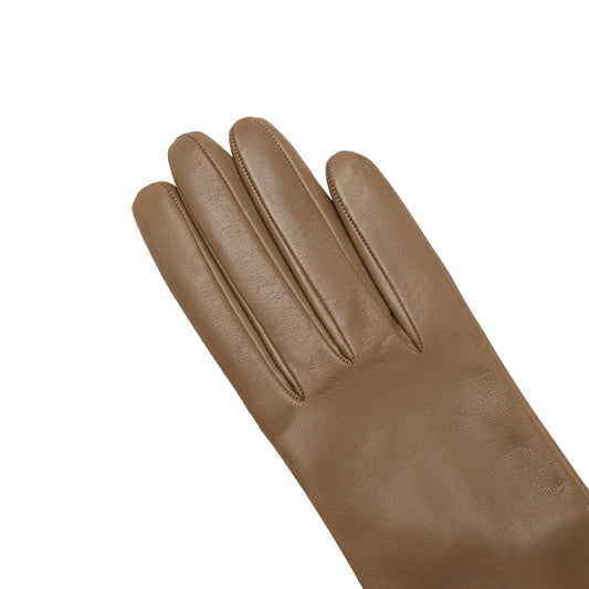Women's classic taupe mid lenght metal free nappa leather gloves with natural cashmere lining