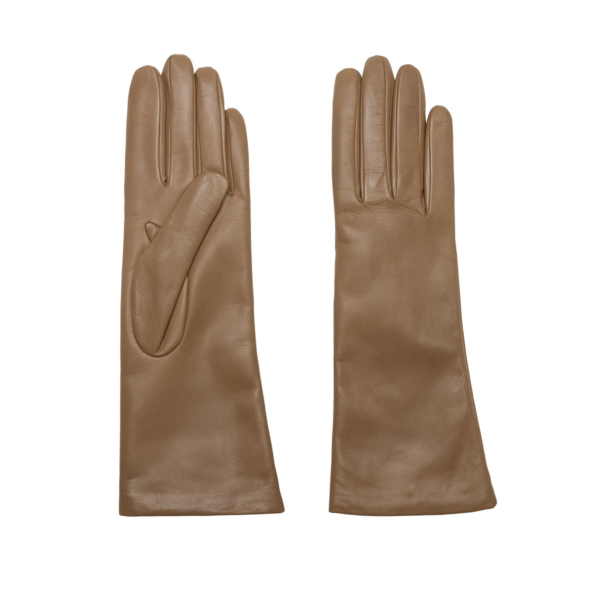 Women's classic taupe mid lenght metal free nappa leather gloves with natural cashmere lining