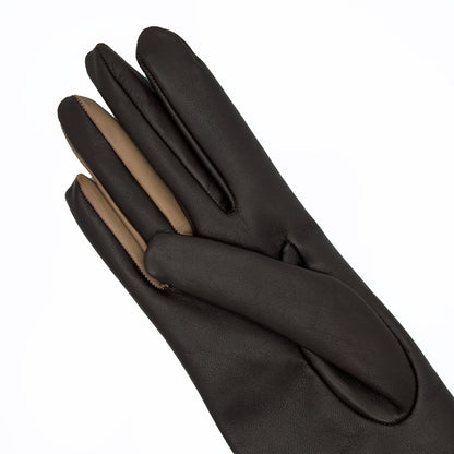 Women's brown and taupe metal free nappa leather gloves unlined with sustainable cashmere lining