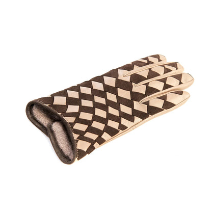 Women's leather gloves with woven panel of alpaca nappa and brown suede mix cashmere lining