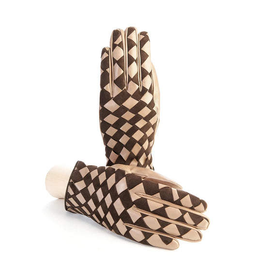 Women's leather gloves with woven panel of alpaca nappa and brown suede mix cashmere lining