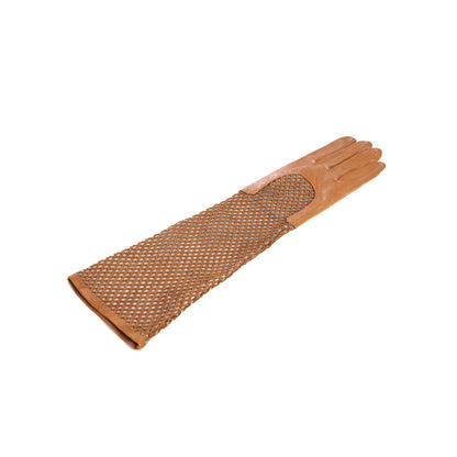 Women's genuine leather gloves in camel nappa and suede elbow lenght sleeve with particular design