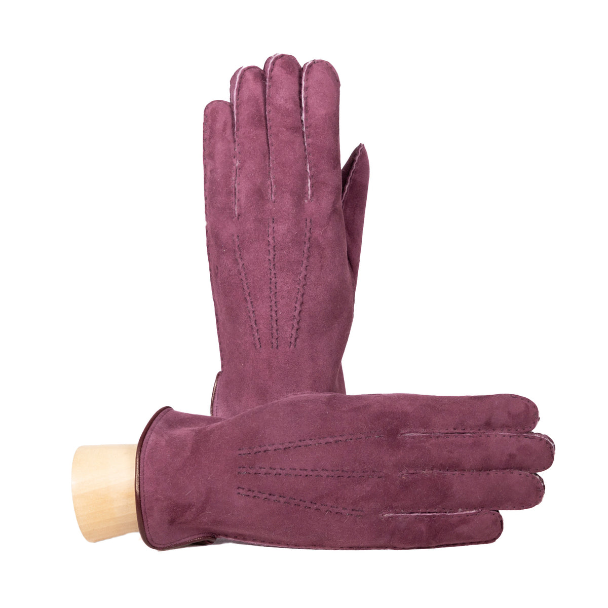 Men's burgundy curly lambskin gloves featuring a leather piped edge and elegant side opening, showcasing Italian craftsmanship.