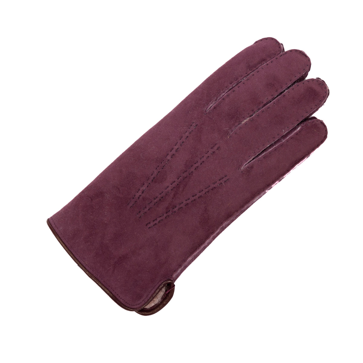 Men's curly lambskin glove in deep burgundy, featuring a leather piped edge and side opening for an elegant touch.