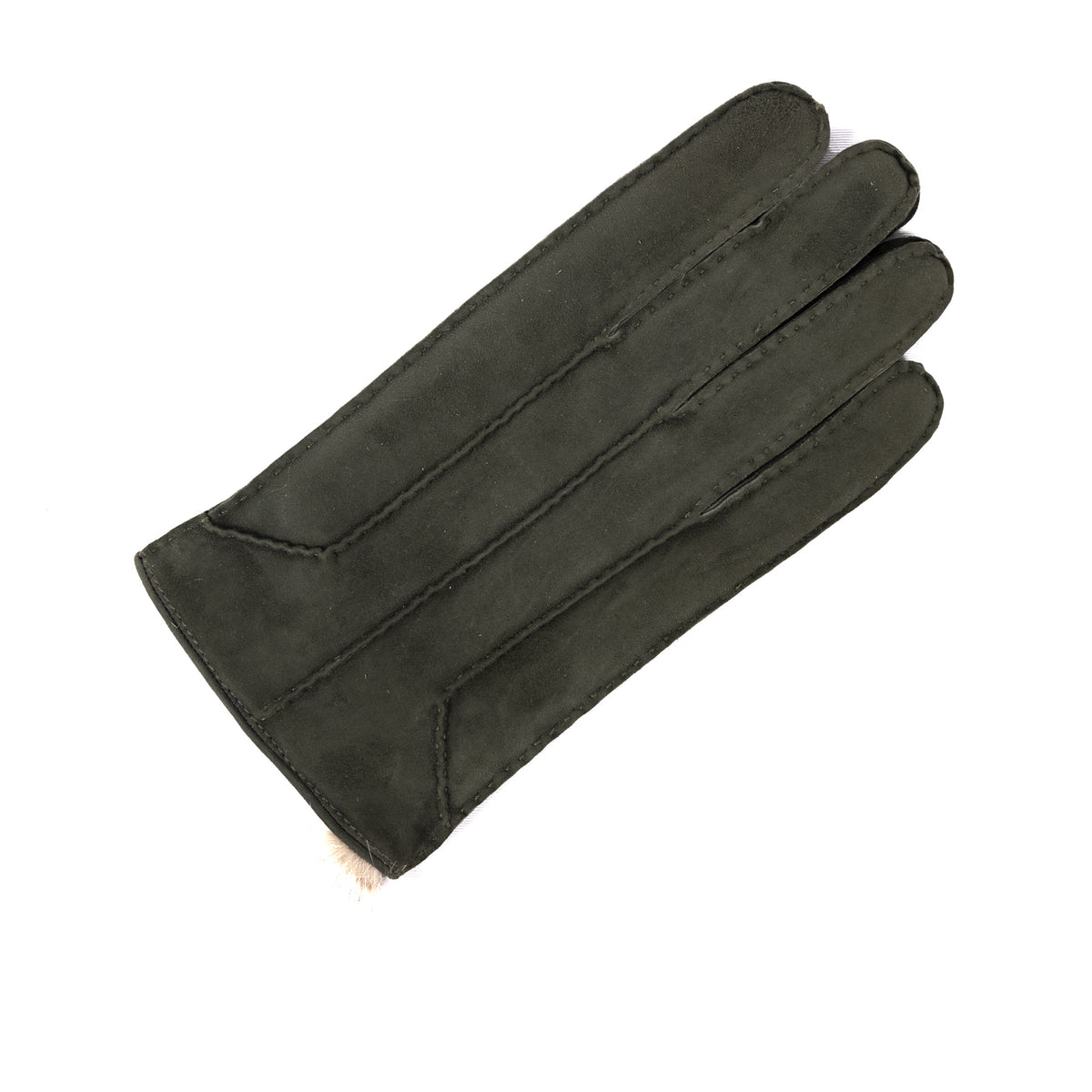 Handcrafted dark green suede leather gloves featuring a soft rabbit lining for warmth and comfort.