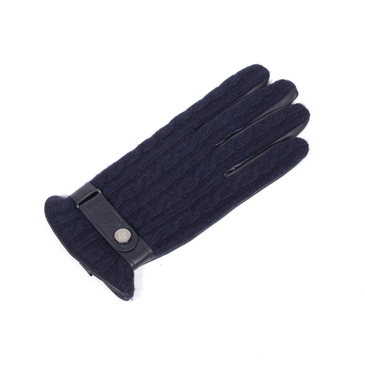 Men's touchscreen black nappa leather gloves featuring a woven wool top and a stylish leather strap for an elegant touch.