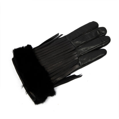Women's black nappa leather gloves with fringe details and natural fur