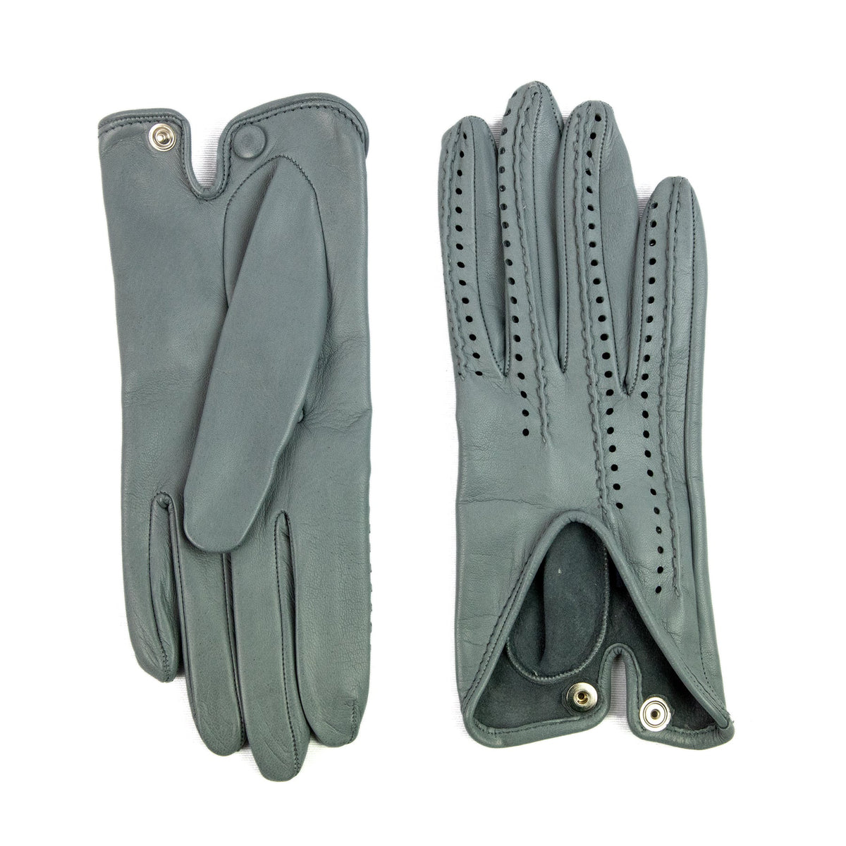 Women's gray nappa leather driving gloves with points on fingers and unlined