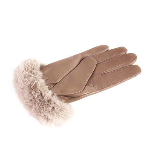 Women's taupe nappa leather gloves with faux fur