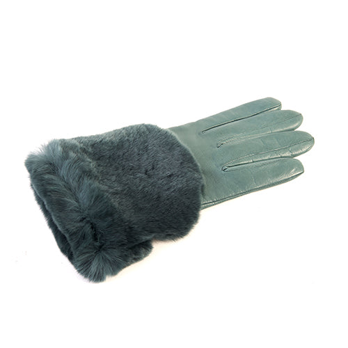 Women's green nappa leather gloves with a real fur panel on the top and cashmere lined