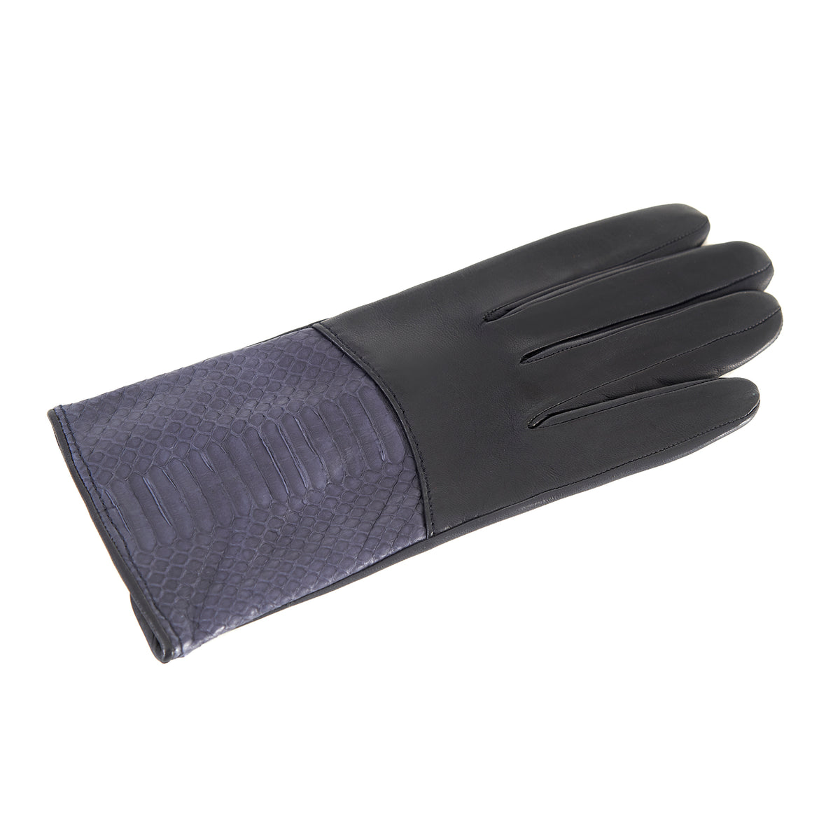 Ladies' deep grey nappa leather gloves with water reptile top silk lined