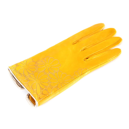 Women's unlined yellow nappa leather gloves with floral detail