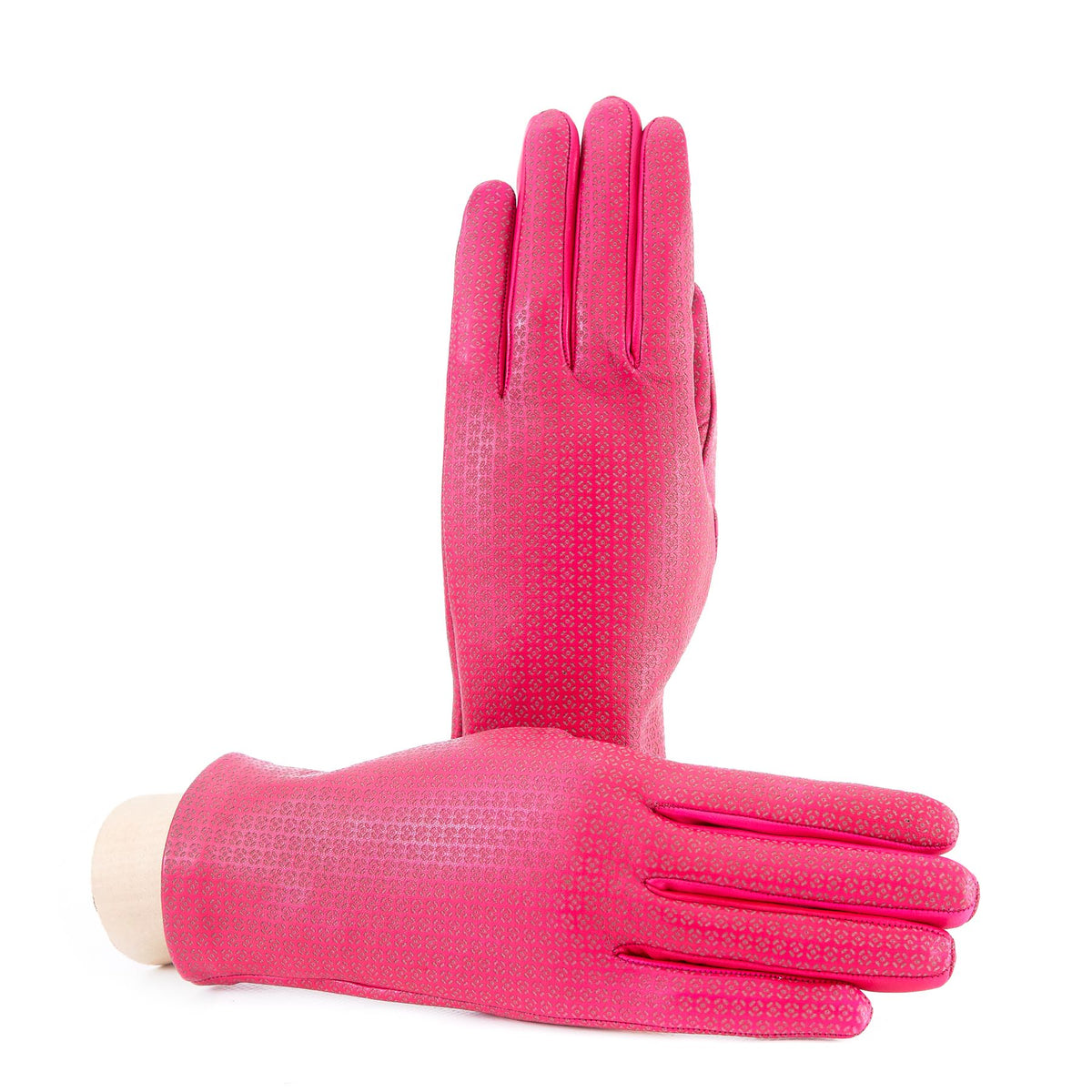 Women's unlined dark pink nappa leather gloves with all over laser cut detail